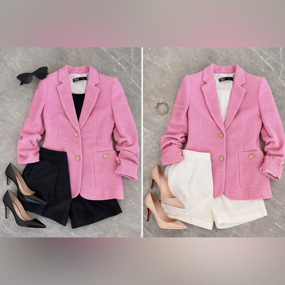 Zara Pink Tweed Blazer | Gold Button Jacket